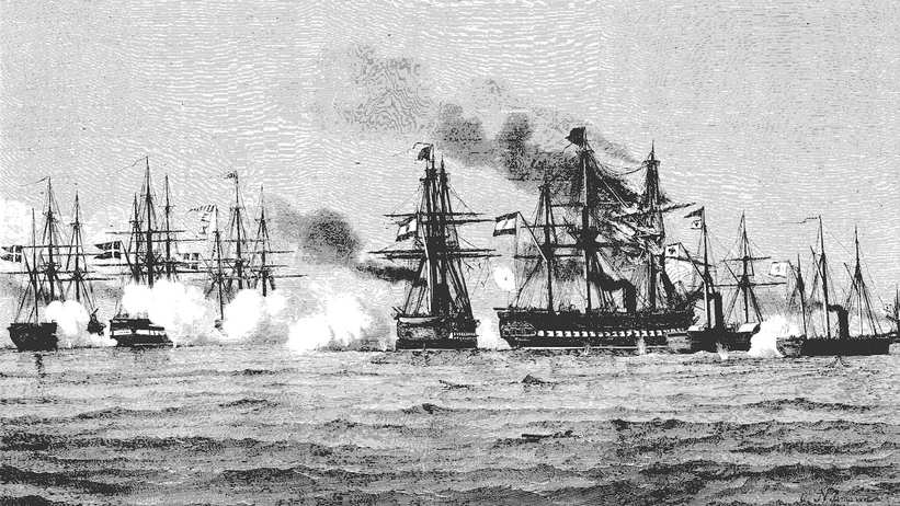 Slaget ved Helgoland 9. maj 1864. På stikket ses fregatten Jylland som fartøj nr. 2 fra venstre. (Stik af Carl Neumann i "Illustreret Tidende", 22 maj 1864).